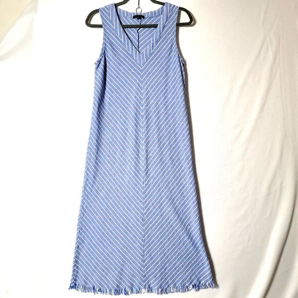 For Cynthia Womens Maxi Dress Sz M Sleeveless Linen Blend Blue Chevron Striped - Picture 1 of 13